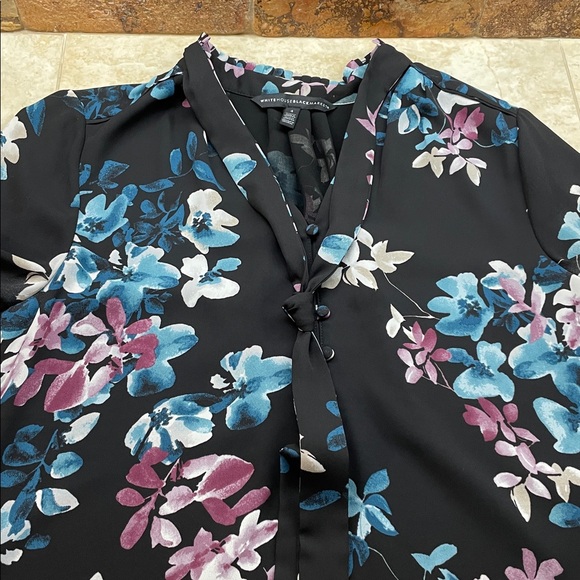 White House Black Market Blouse 4 Floral Tie Neck Women’s Black Blue Long Sleeve - Picture 5 of 12